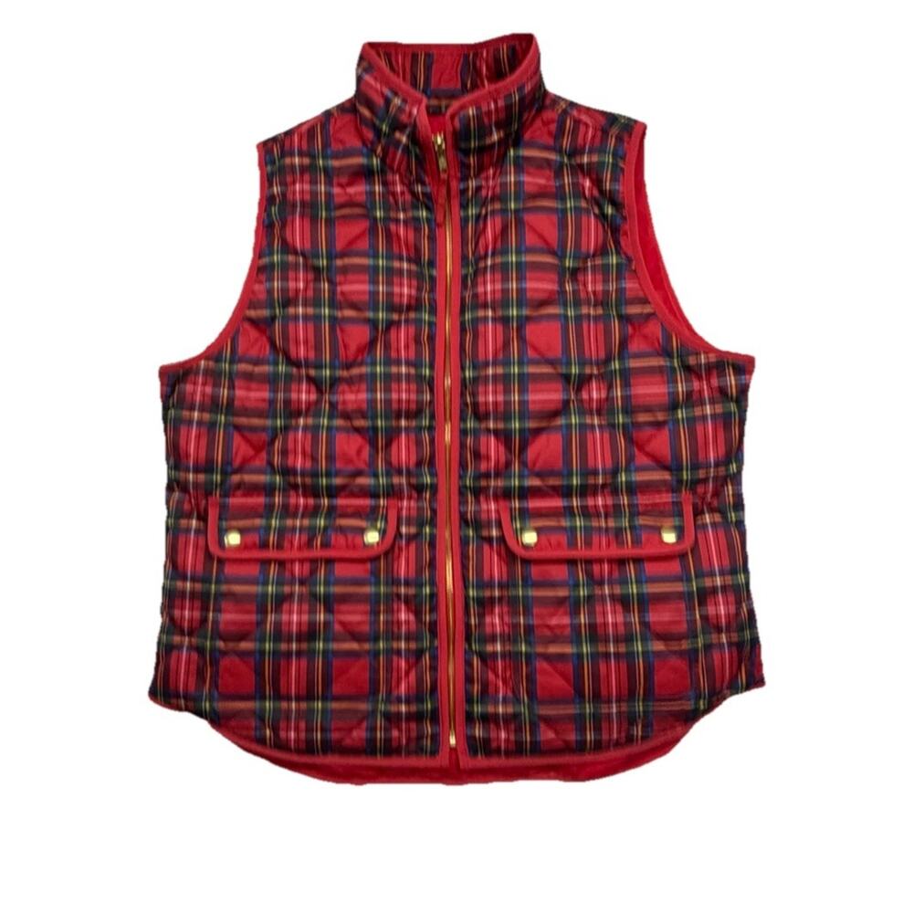 J Crew Vest Womens Large Tartan Plaid Puffer Classic Snap Pockets Red - Picture 2 of 10